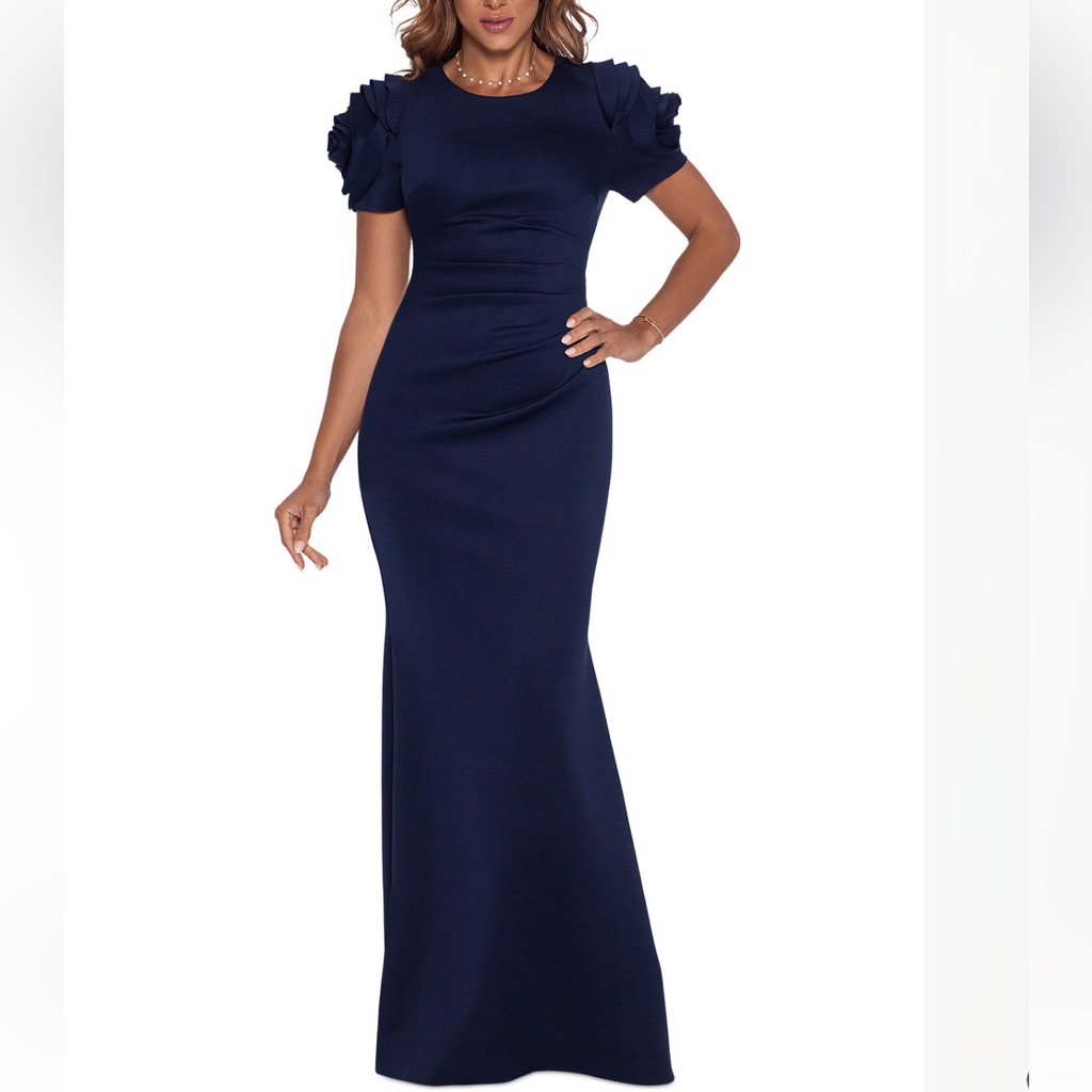 Xscape Navy Blue Rose Ruching Shoulders / Ruched Fit & Flare Maxi Evening Gown